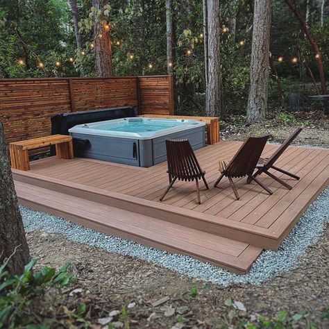 Floating Deck Hot Tub Landscape Idea On A Budget Floating Hot Tub Deck, Ground Level Deck With Hot Tub, Diy Hot Tub Platform, Hot Tub On Porch Ideas, Floating Deck With Hot Tub, Hot Tub On Wood Deck, Hot Tub Concrete Pad Ideas, Hot Tub Floating Deck, Small Space Hot Tub Ideas