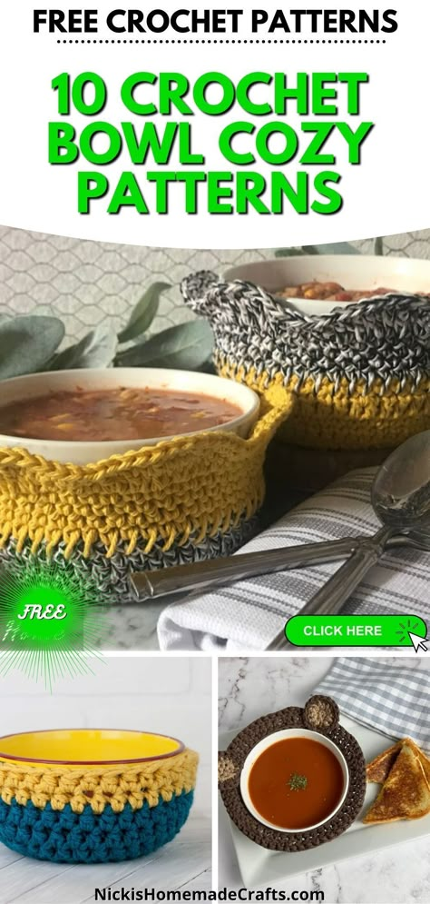 Create the perfect bowl cozies for your family’s favorite soups and stews with this crochet bowl cozy pattern! Not only does this crochet pattern provide a decorative and beautifully textured addition to your kitchen, but it also prevents burning hands when serving hot meals. With a variety of color and texture options, you can customize your bowl cozies to your unique taste. Create lasting memories with these timeless crochet bowl cozy patterns! Bowl Cozy Patterns, Crochet Bowl Cozy Pattern, Crochet Bowl Cozy, Bowl Cozy Pattern, Soup Bowl Cozy, Soup Bowls With Handles, Crochet Bowl, Bowl Cozies, Cozy Pattern