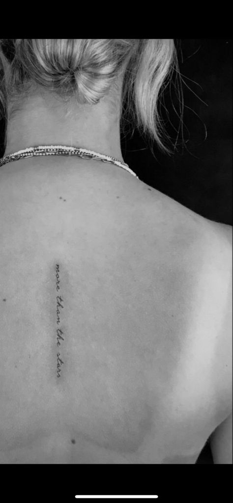 Small Quote Spine Tattoo, French Spine Tattoos For Women, Text Tattoo Back Women, Single Needle Spine Tattoo, Fine Line Spine Tattoo Writing, Mid Spine Tattoos For Women, Small Spine Tattoos For Women Quote, Angel Number Spine Tattoo, Short Spine Tattoo