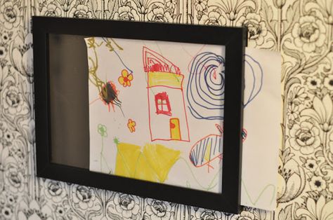 Want to display your child's masterpieces?  Well, hang a custom #frame that you can easily slide your child's #art in and out of to easily switch it up! Ikea Picture Frame, Kids Picture Frames, Diy Framed Art, Ikea Hack Kids, Diy Slides, Ikea Pictures, Diy Kids Art, Cadre Diy, Displaying Kids Artwork