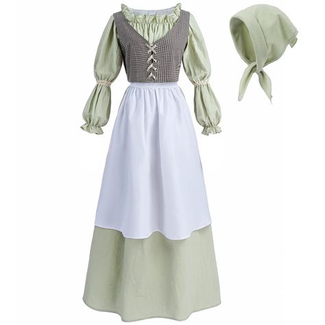 PRICES MAY VARY. Package Includes - Women colonial dress*1, apron*1, headscarf*1, plaid vest*1. A full set of prairie dresses back you to 1800s. Fabric - The women pioneer dress is made of 70% polyester and 30% cotton floral fabric. Lightweight and comfortable to wear, not see-through. Hot iron lower than 110℃. Features - This women colonial dress is long, and the collar and cuffs are elastic design with ruffles, comfortable and beautiful. The sleeves and waist are trimmed with beige lace. We us Colonial Dress For Kids, Colonial Dress Dig, Womens Pioneer Dress, Uk Traditional Dress, Pioneer Dress Modern, Dickens Fair Costume Victorian Dresses, Little Women Era Dresses, Vintage Pioneer Dress, 1770s Working Dress