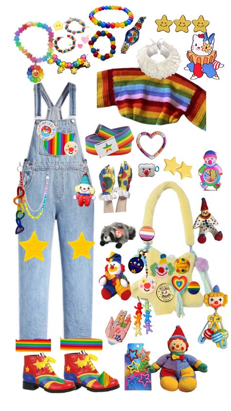 Kid Core Aesthetic Outfit, Clowncore Fashion, Clowncore Outfit, Kid Core Outfits, Weirdcore Outfits, Clown Halloween Costume, Kidcore Fashion, Silly Clothes, Clown Clothes