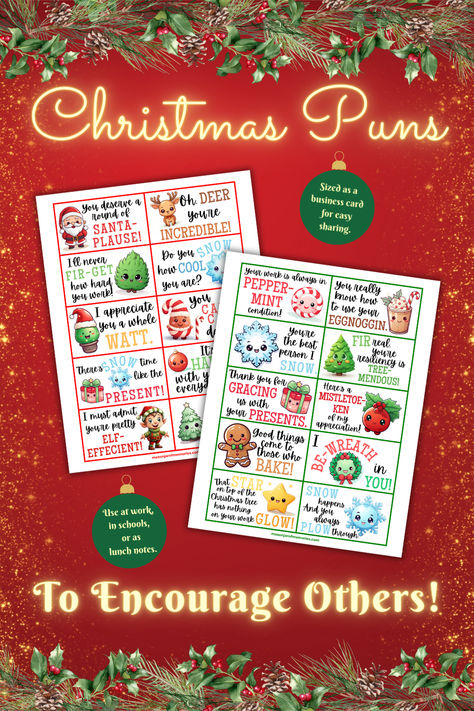 Christmas Puns Motivational Quotes printables. Each printable includes 10 Christmas puns Encouragement cards for the work place. 2 printables, 20 Christmas Puns Cards included. Each Encouragement card has an adorable Christmas or winter graphic and an encouraging Christmas pun. December Morale Boosters, Christmas Morale Boosters For Teachers, Holiday Staff Morale Booster, December Staff Morale Booster, Christmas Staff Appreciation Ideas, Christmas Lunch Notes, Sunshine Cart, Work Encouragement, Holiday Puns