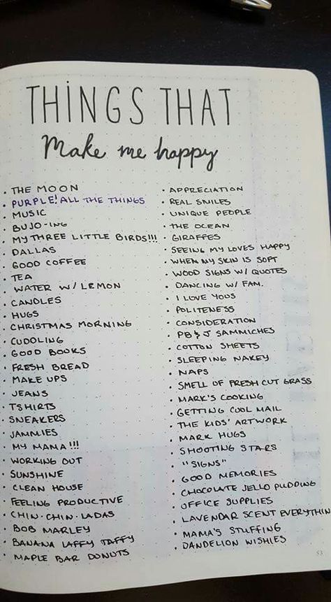 Things that make me happy - borrowed spread Bullet Journal Lists, Bullet Journal 2020, Bullet Journal 2019, Journal Lists, Self Care Bullet Journal, Bullet Journal Mood, Bullet Journal Aesthetic, Bullet Journal Notebook, Health Journal