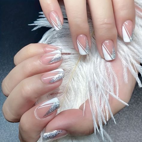 Faster shipping. Better service Square French Tips, Sliver Nails, Square French, Line Nail Art, Silver Glitter Nails, Nail Art Decals, Manicure Tips, French Nail Art, Lines On Nails