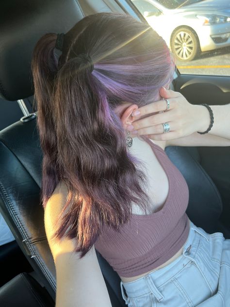 Long Brown Hair Dye Ideas, Peekaboo Dyed Hair For Brunettes, Different Color Streaks In Hair, Lilac Hair Streaks, Pink Purple Peekaboo Hair, Lavender Hair Highlights Brown, Blonde Tips On Brown Hair Short, Light Brown Hair With Purple Streaks, Lavender Streaks In Brown Hair