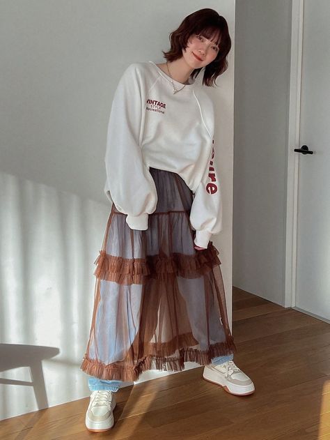 Coffee Brown Casual Collar  Mesh Fabric Plain Layered/Tiered Embellished Slight Stretch  Women Clothing Mesh Skirt Outfit, Layering Skirts, Skirt Styling, Tulle Skirts Outfit, Mesh Maxi Skirt, Rock Outfit, Hijab Outfits, Layered Fashion, Japan Style