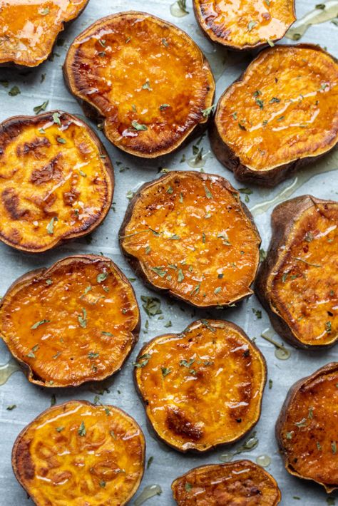 Roasted Sweet Potatoes | Sweet & Sorrel Roasted Sliced Sweet Potatoes, Sweet Potatoes Oven, White Sweet Potato Recipe, Baked Sweet Potato Oven, Healthier Sides, Honey Roasted Sweet Potatoes, Roasted Sweet Potato Slices, Baked Sweet Potato Slices, Oven Baked Sweet Potato