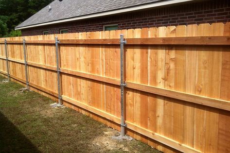 Cost of Wood Fence with Metal Posts Fence With Metal Posts, T Post Fence, Pole Barn Ideas, Redwood Fence, Gate Design Ideas, Steel Fence Posts, Wood Fence Gates, Fence And Gate, Diy Backyard Fence