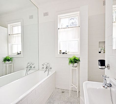 Small Victorian Terrace House, Mini Bad, Victorian Terraced House, House Bathrooms, Mirrored Wall, White Bath, Building Projects, Family Bathroom, White Tiles