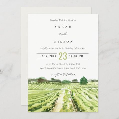 $2.72 | Watercolor Green Winery Vineyard Wedding Invite - vineyard, simple minimal, winery, destination wedding, watercolor, modern elegant, napa valley, tuscan, script calligraphy, wine tasting Wine Bridal Shower Invitations, Vineyard Engagement, Vineyard Wedding Invitations, Engagement Invite, Winery Vineyard, Bridal Shower Wine, Wedding Rehearsal Dinner Invitations, Wedding Watercolor, Watercolor Green