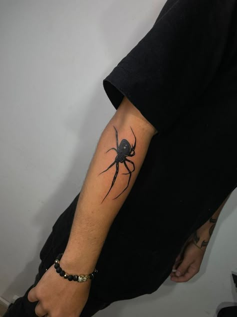 Spider On Arm Tattoo, Men’s Center Chest Tattoo, Spider Tattoo On Forearm, Spider Tattoo Men Arm, Mens Spider Tattoo, Blackwork Spider Tattoo, Medium Size Tattoo For Men, Spider Tattoo On Arm, Spider Arm Tattoo