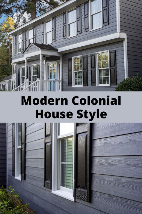 Discover how an exterior renovation with HardiePlank lap siding in Night Gray breathed new life into this Colonial-style house. Colonial House Exterior Renovation, Dark Grey Colonial House Exterior, Vinyl Siding Ideas Exterior Colonial, Exterior House Colors For Colonial Homes, Siding Colors For Colonial Houses, Remodel Colonial Home Exterior, Colonial House Modern Makeover, Modernize Colonial Exterior, Colonial House Siding Ideas