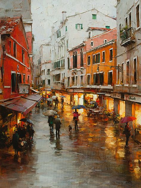 Dmitry Danish Rainy Mood, Painting Images, Urban Painting, Canvas Art Projects, Street Painting, City Painting, Walking In The Rain, Cityscape Art, Textured Canvas Art