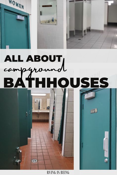 RV Campground Bathhouses 101. Ready to hit the showers? Here’s some tips, hacks, and gear to make your bathhouse experience a breeze! Shower Camping Hacks, Public Shower Hacks, Campground Bathroom Ideas, Camp Bath House, Shower House Campground, Campground Shower House Ideas, Camping Shower Hacks, Campground Bathhouse Ideas, Rv Camp Site Set Up Ideas