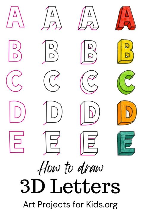 3d Letters Tutorial, Draw 3d Letters, Block Letter Fonts, Cute Fonts Alphabet, Letters Tattoo, How To Draw 3d, Letters Ideas, Draw 3d, Bubble Letter Fonts