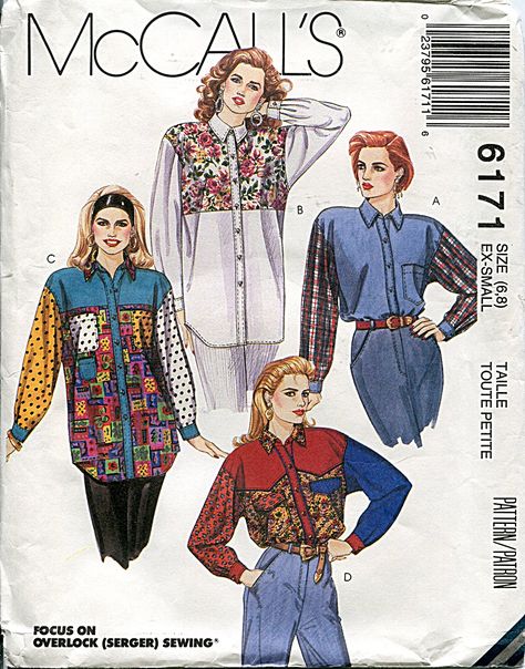 McCall's 6171; ©1992; Misses' Shirts:  Very loose-fitting shirt with and without yokes and patch pockets has dropped shoulders, shoulder pads, collar and band, front band and long sleeves with continuous lap pleated into buttoned cuffs; shirt B is decorated with jewels; shirts C and D have... Cuffs Shirt, Plus Size Sewing Patterns, Patron Vintage, Western Style Shirt, Plus Size Sewing, Vintage Plus Size, Vintage Dress Patterns, Vogue Sewing, Womens Sewing Patterns