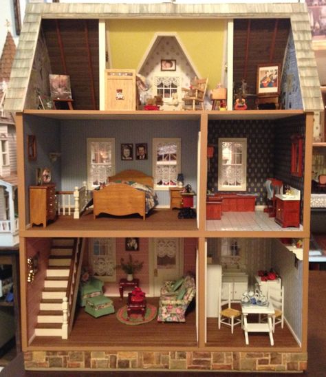 Vermont Farmhouse Jr Dollhouse, Vermont Farmhouse Jr, Farmhouse Dollhouse, Vermont Farmhouse, Dollhouse Miniatures Rooms, Dollhouse Interior, Louvre Doors, Gingerbread Trim, Doll House Plans