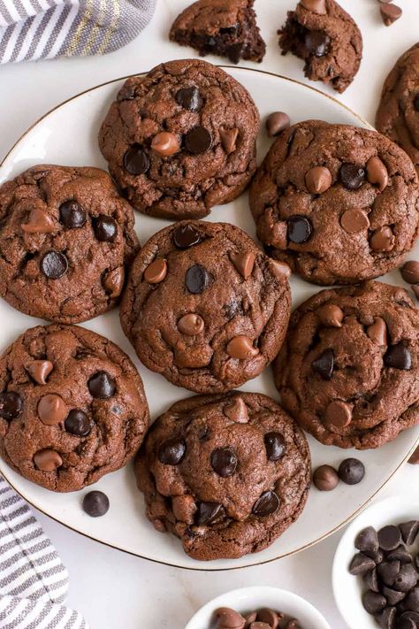 Soft and chewy chocolate cookies filled with double chocolate chips! These cookies are loaded with two types of fudgy, gooey chocolate chips. Cookie Shop, Choco Chip Cookies, Chewy Chocolate Cookies, Soft Cookies, Chocolate Cookie Dough, Double Chocolate Chip Cookies, Double Chocolate Cookies, Chill Time, Choc Chip Cookies