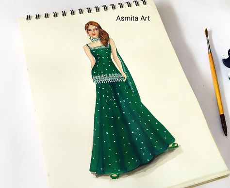 Follow for more Subscribed YouTube channel Follow Instagram ( asmita__art) Traditional Design Drawing, Sharara Illustration, Traditional Dresses Drawing, Fashion Outfits Drawing Ideas, Design Drawing Easy, Dress Illustration Design, Sharara Design, Dress Illustration Art, Fabric Rendering