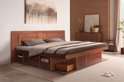 PRICES MAY VARY. BEST STORAGE SET (BED+HEADBOARD): The sturdy Bali Platform set is all made in solid pine wood and has synthetic leather handles. Lots of storage room. Includes the bed bases and slats. Thinking about your safety, all edges are rounded. Totally noise free 3 COLORS AND 4 SIZES: Comes in Caramel, Oak, and White Colors and is Available in King, Queen, Full and Twin sizes. Make a beautiful set with BALI DESK THE ASSEMBLY: This bed set is delivered disassembled. Along with the individ Recamaras King Size, Bed With Drawers Underneath, Wooden Bed With Storage, King Size Bed Headboard, Headboard King Size, Bed Designs With Storage, Platform Bed With Drawers, Bed Frame With Drawers, Wood Bed Design