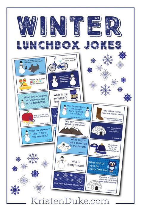 Winter Jokes. Fun printable jokes to leave in lunchboxes. My kids love this! www.kristenduke.com #lunchboxnotes #printable #parenting Winter Jokes For Kids, Winter Jokes, Family Fun Ideas, New Year Jokes, Kids Lunch Box Notes, Lunchbox Notes For Kids, Winter Lunch, Lunchbox Jokes, Lunch Notes