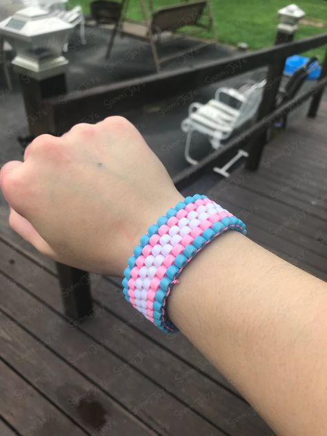 Trans flag pattern kandi cuff! Only found on Etsy! Trans Kandi Cuff, Trans Kandi, Kandi Cuff Patterns, Diy Kandi Bracelets, Diy Kandi, Kandi Ideas, Trans Flag, Kandi Cuff, Flag Pattern