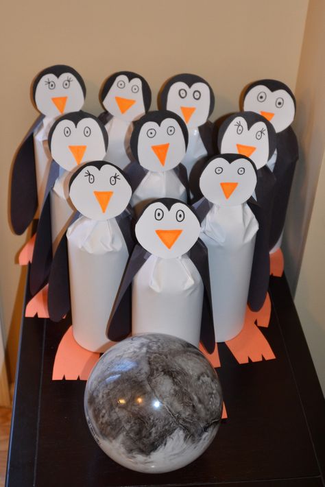 Penguin Games Preschool, Dayhome Activities, Penguin Bowling, Playdate Activities, Vbs Decorations, Caravan Ideas, Penguin Birthday, Bowling Games, Childrens Games