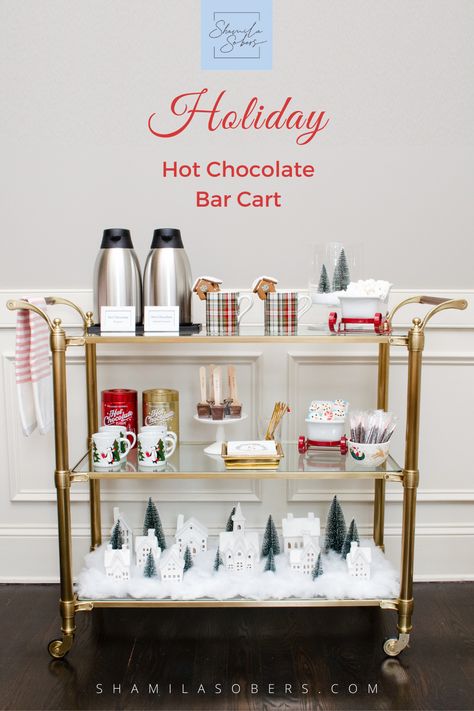 ‘Tis the season for hot chocolate! Lemonade stations are great in the summer, but winter gatherings call for drinks that will warm you up. This holiday season, treat family and friends to a gourmet hot chocolate bar. I’m sharing all the details on how to create your own holiday hot chocolate bar for your holiday parties or family nights with ideas, decorations and more! Kaffe Station, Holiday Bar Cart, Brass Bar Cart, Holiday Hot Chocolate, Gourmet Hot Chocolate, Spiked Hot Chocolate, Diy Bar Cart, A Thoughtful Place, Holiday Bar