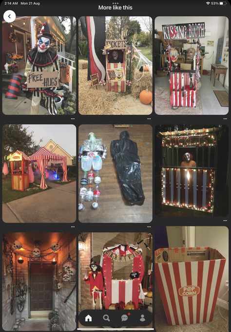 Diy Carnevil Halloween, Halloween Circus Theme Party, Carn Evil Decorations, Creepy Carnival Halloween Party, Carnevil Halloween Decorations Diy, Creepy Carnival Aesthetic, Halloween Olympics, Scary Circus Theme Party, Haunted Carnival Decorations