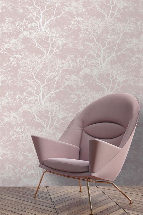 Dusky Pink Wallpaper, Pink Wallpaper Bedroom, Contemporary Wallpaper Designs, Trees Wallpaper, Feature Wallpaper, Contemporary Wallpaper, Wall Decor Design, Tree Wallpaper, Wallpaper Direct