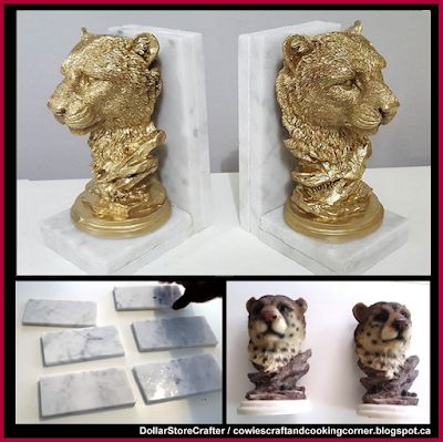 Dollar Store Crafter: Turn Dollar Tree Knick Knacks And Spare Tiles Into... Bookends Diy, Dollar Tree Mirrors, Animal Bookends, Leftover Tile, Painting Figurines, Diy Bookends, Cute Office Decor, Thrift Store Diy, 10 Dollar