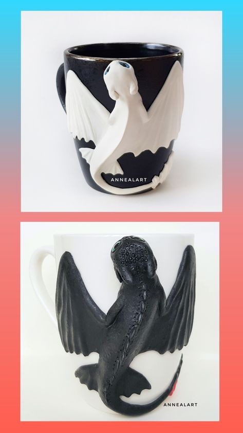 Black and white dragons on ceramic mugs are a cute gift for a couple in love on Valentine's Day. Stitch Polymer Clay, Toothless And Light Fury, White Dragons, Polymer Clay Mug, Toothless Night Fury, Dragon Mug, A Couple In Love, Clay Mug, Toothless Dragon