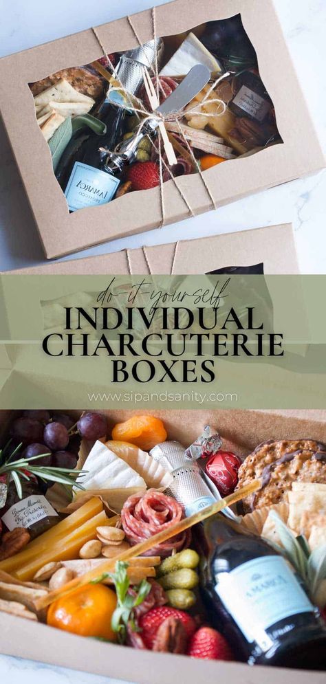 Satisfy everyone's cravings and make your next gathering special with DIY Individual Charcuterie Boxes! Include all your favorite fresh ingredients and any supplies you need to make personalized boxes full of meats, cheeses, crackers, dips and spreads, and treats. Perfect for adding an impressive touch to your next gathering and creating a unique, memorable experience for your guests. Great for gift giving, too! Diy Charcuterie Board Gift, Charcuterie Boxes To Go Individual, Individual Charcuterie Box Ideas, Charcuterie Boxes To Go, Charcuterie Gift Ideas, Charcuterie Business, Charcuterie Gift Box, Individual Charcuterie, Charcuterie Box