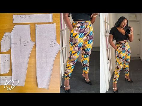 See how to cut and sew this ankara joggers by Kim Dave Ankara Joggers, Top Pattern Sewing, Pants Pattern Free, Harem Pants Pattern, Wide Leg Pants Pattern, African Head Dress, African Pants, Ankara Jumpsuit, Jumpsuit Pattern Sewing