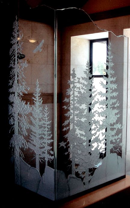 Sand blasted - shower enclosure with trees Etched Shower Glass Door Ideas, Sand Blasted Glass Ideas, Rustic Shower Doors, Etched Glass Shower Doors, Sandblasted Glass Design, Etched Glass Door, Fish Bowls, Sand Blasting, Shower Glass