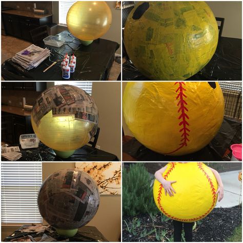 Softball Halloween costume. Workout ball Paper machè (newspaper & glue) Yellow & red paint How To Make A Round Ball Costume, Softball Christmas Parade Float Ideas, Ball Costume Diy, Halloween Softball, Workout Ball, Diy Fantasia, Softball Christmas, Baseball Costumes, Ball Costume