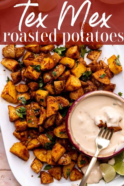 Roasted Mexican Potatoes, Mexican Red Potatoes, Mexican Smashed Potatoes, Latin Potatoes, Tajin Potatoes, Vegan Tex Mex Recipes, Tex Mex Potatoes, Tex Mex Side Dishes, Mexican Potato Recipes