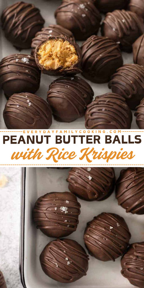 Easy Halloween desserts? Learn how to make the best ever peanut butter balls! This no-bake peanut butter ball recipe makes dessert balls with soft and creamy peanut butter center stuffed with rice krispies and coated in smooth chocolate. Add sprinkles! Jo’s Peanut Butter Balls, Peanut Butter Crunch Balls, Honey Peanut Butter Scotcheroo Balls, Chocolate Peanut Butter Rice Crispy Balls, Krispy Peanut Butter Balls, Peanut Butter Balls With Rice Krispies, Peanut Butter Balls Rice Krispies, Peanut Butter Balls Christmas, Rice Krispie Halloween