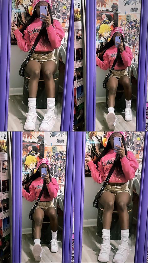 Hoodie Skirt Outfits Black Women, Pink Spider Hoodie Outfit, Pink Cargo Skirt Outfit, Spider Hoodie Outfit Black Women, Spider Hoodie Outfit, Cargo Skirt Outfit Black Women, Pink Dunks Outfit, Hoodie With Skirt, Dunk Outfits