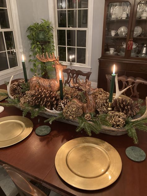 Christmas Lodge Decorations, Outdoorsy Christmas Decor, Deer Table Centerpiece, Deer Antler Table Centerpieces, Decorating Dough Bowls For Fall, Deer Christmas Centerpiece, Christmas Rustic Centerpieces, Fall Table Centerpieces Dough Bowl, Wildlife Christmas Decor