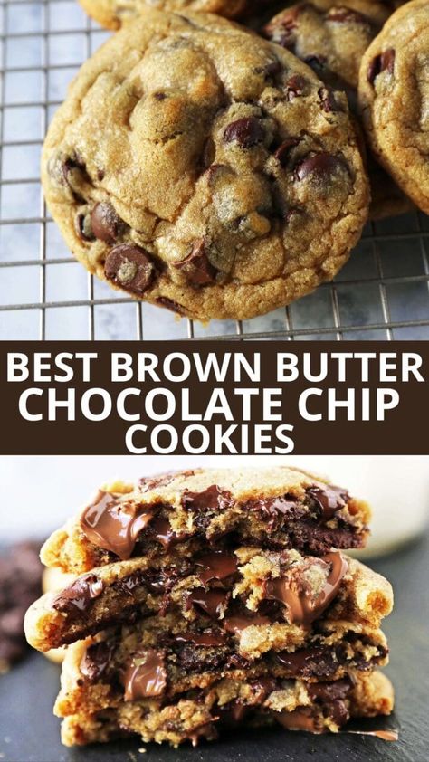 Best Brown Butter Chocolate Chip Cookie Recipe. How to make the best salted brown butter chocolate chip cookies at home. These chocolate chip cookies have rich, toffee notes with chocolate chunks. Saucepan chocolate chip cookie recipe. Cookies No Brown Sugar, Brown Sugar Chocolate Chip Cookies, Easy Cookie Recipe, Brown Butter Cookies, Brown Butter Chocolate Chip, Brown Butter Chocolate Chip Cookies, Tasty Desserts, Favorite Cookie Recipe, Gourmet Cookies