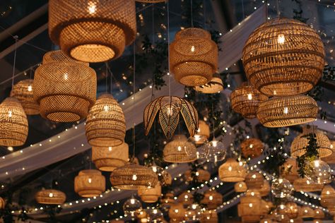 Festoon Lights Wedding, Hanging Lanterns Wedding, Twinkle Lights Wedding, Rattan Lantern, Lanterns Wedding, Boho Wedding Theme, Bamboo Ceiling, Wedding Ceiling, Funky Wedding