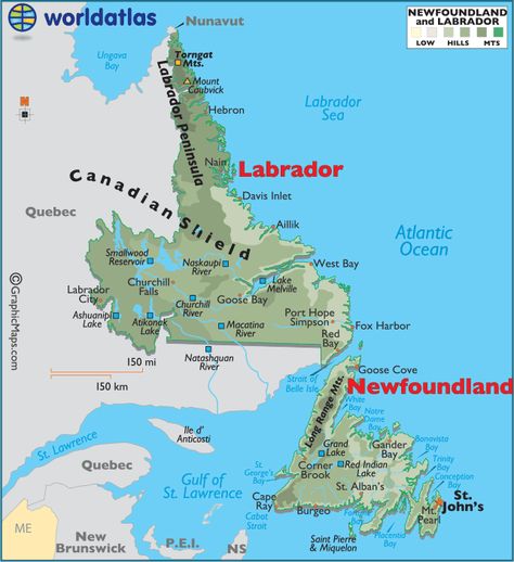 Newfoundland and Labrador Canada large color map.  Almost gotten eaten alive by black flies in Labrador. LOL Newfoundland Map, East Coast Canada, Newfoundland Travel, Gros Morne, Labrador Canada, Newfoundland Canada, Single Travel, Physical Map, Eastern Canada