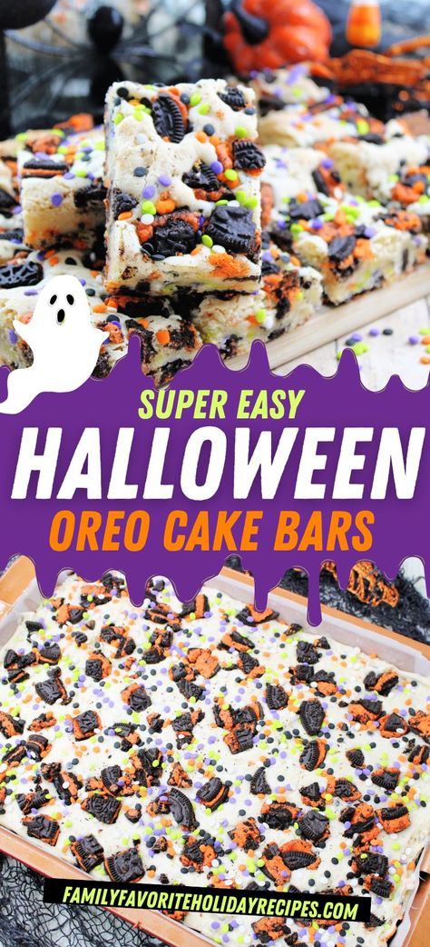 Halloween Deserts Recipes Easy, Halloween Desserts With Oreos, Halloween Desert Ideas Easy, Halloween Oreo Cake Bars, Kid Friendly Halloween Desserts, Halloween Dessert Ideas For Parties Easy, Dessert For Halloween, Homemade Halloween Treats Desserts, Halloween Desserts Easy Cake