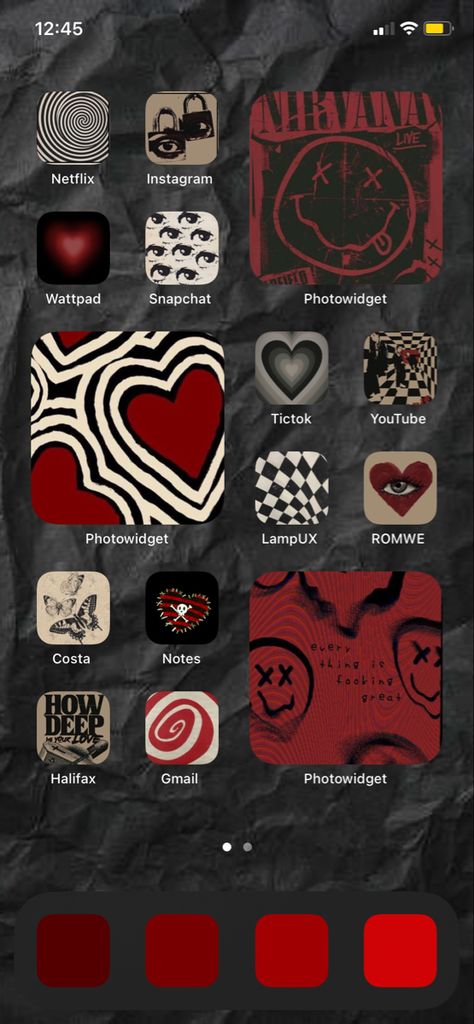 Red Iphone Case, Cute Home Screens, Iphone Home Screen Layout, Phone Inspiration, Phone Theme, Iphone Wallpaper App, Iphone App Design, Homescreen Iphone, Homescreen Layout