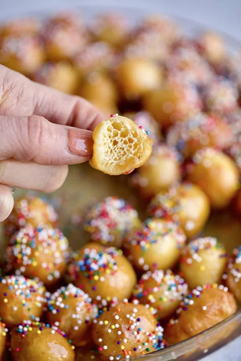 Authentic Struffoli Recipe (Italian Honey Balls) Bambolini Recipe, Struffoli Recipe Italian Easy, Honey Balls Italian, Easy Struffoli Recipe, Struffoli Recipe Italian, Italian Cookies Authentic, Nonpareils Recipe, Honey Balls Recipe, Crostoli Recipe