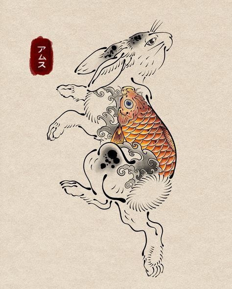 𓅋 Japanese inspired Rabbit with a Koi fish back piece. This design is not available. I can do another rendition if you are interested. Bookings and enquiries: 📨amsthatcher@gmail.com BOOKINGS OPEN FOR; September. ••• #backpiece #tattooartist #japanese #japanesetattoo #irezumi #irezumi_sketches #colourtattoo #koifish #koifishtattoo #rabbittattoo #flashtattoo Traditional Japanese Rabbit Tattoo, Asian Rabbit Tattoo, Japanese Crow Tattoo, Japanese Rabbit Tattoo, Year Of The Rabbit Tattoo, Traditional Tattoo Rabbit, Japanese Fish Art, Japanese Fish Tattoo, Japanese Rabbit