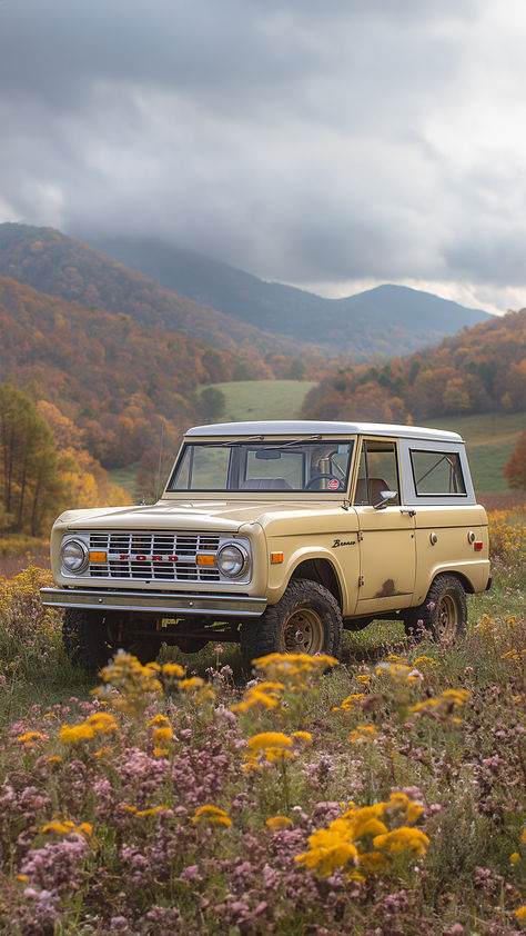 A yellow classic Ford Bronco truck parked in a meadow surrounded by a tapestry of wildflowers, with the warm hues of autumnal mountains in the background under a subdued sky. Old Bronco Vintage, 1967 Ford Bronco, Ford Bronco Aesthetic Wallpaper, Bronco Wallpaper Iphone, Old Bronco Ford, Restored Bronco, Ford Bronco 1970's, Old Ford Trucks Vintage, Vintage Bronco Ford