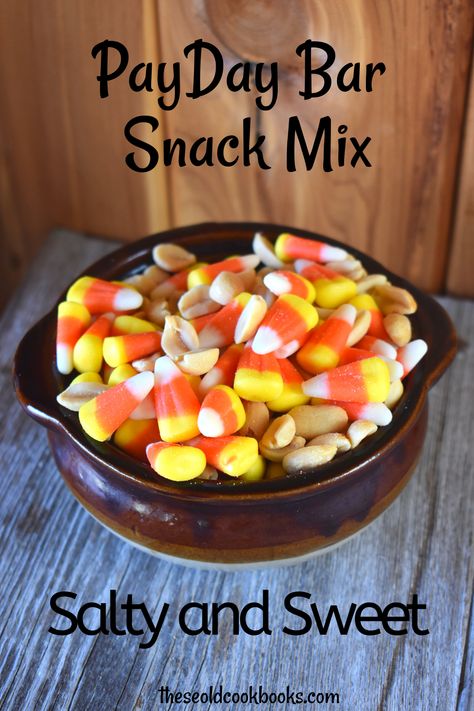 PayDay Snack Mix with Candy Corn and Peanuts - These Old Cookbooks White Chocolate Snack Mix, Candy Corn Mix, Chocolate Snack Mix, Candy Corn Recipe, Payday Candy Bar, Fall Snack Mixes, Peanut Snack, Halloween Snack Mix, Picnic Potluck